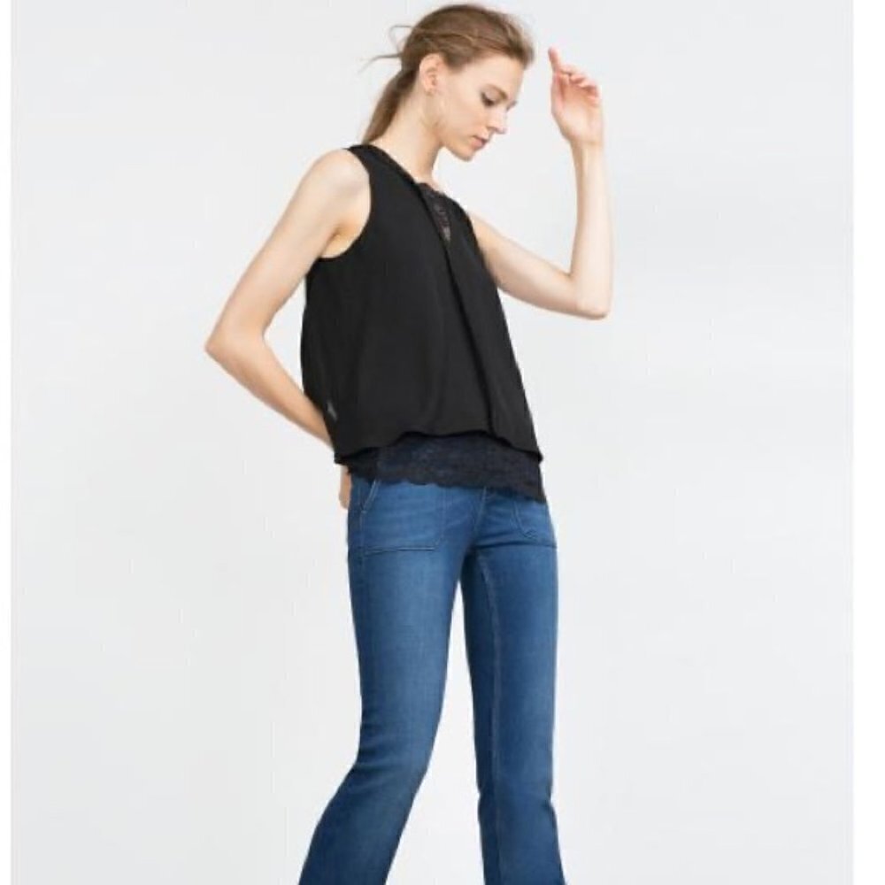Zara Women's Size XS Sleeveless Blouse Black V-Neck Lace Underlay Cape Back